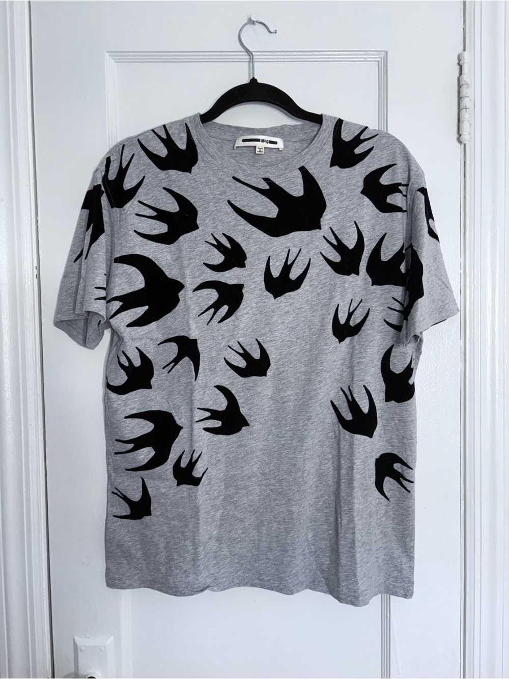 McQ by Alexander McQueen Grey Tee with Black Swallow Motif